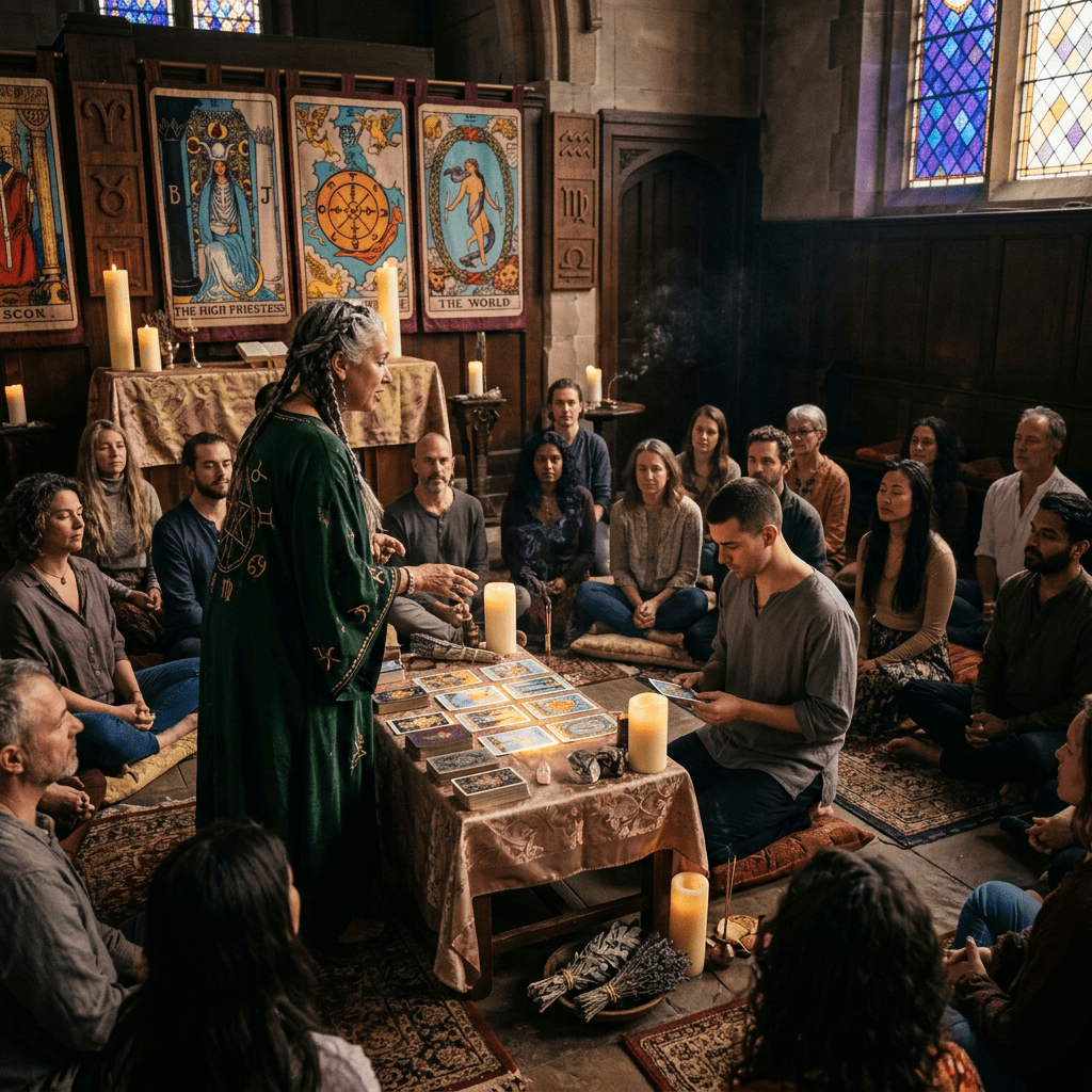 A woman in green robes conducting a tarot card reading in a candlelit room with an attentive group sitting in a circle